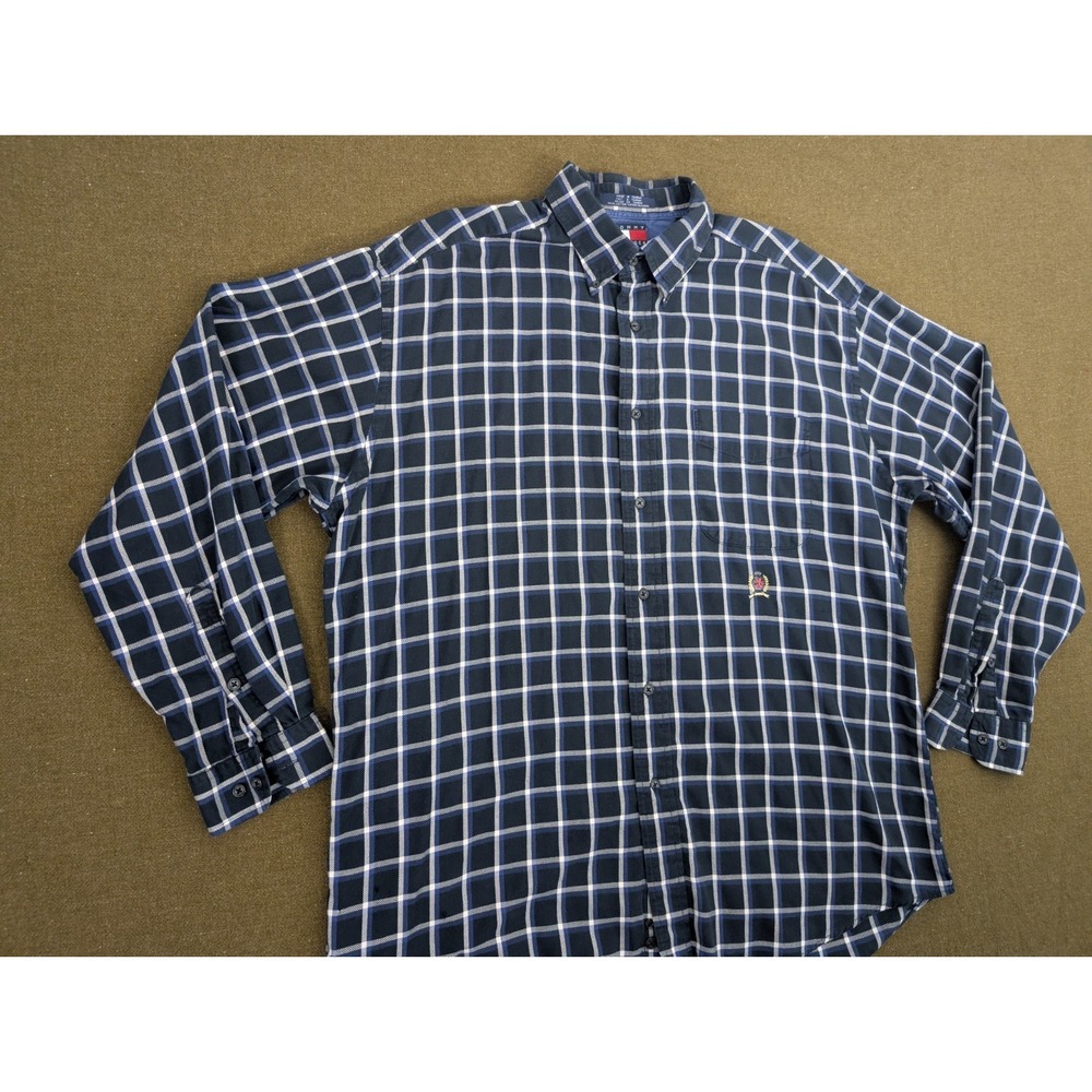 Vintage 90s Tommy Hilfiger Mens Navy Plaid Button Front Shirt Logo Crest L